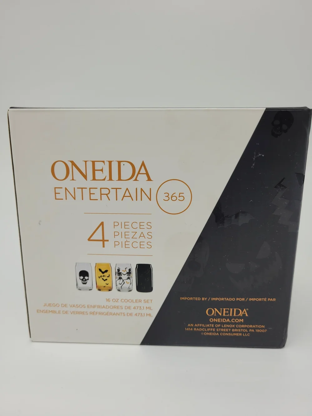 Oneida Vintro Halloween Glass Tumbler Set 4 Clear Black Skull Bat Skeleton NEW